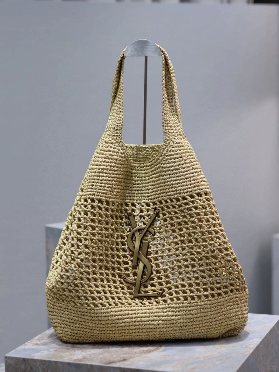 SAINT LAURENT ICARE IN RAFFIA NATUREL AND BROWN GOLD