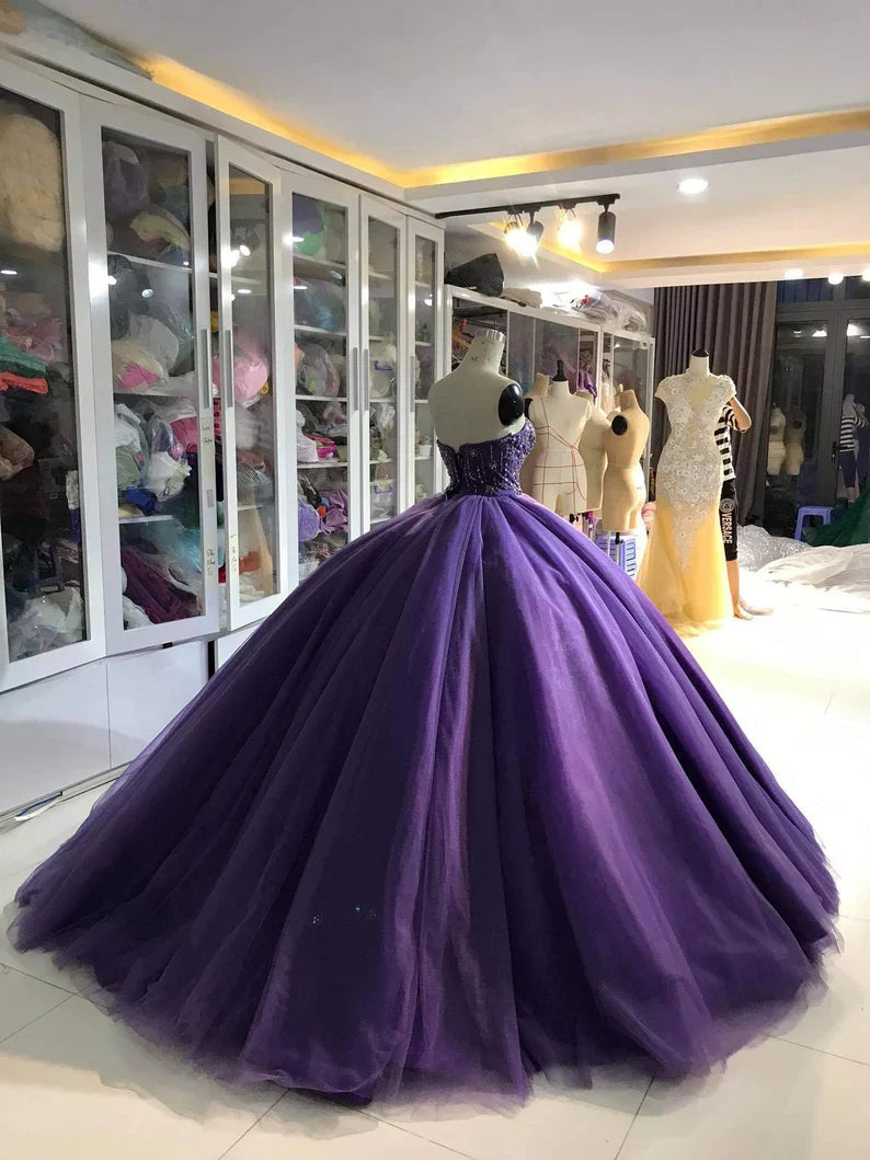 Purple Gorgeous Exquisite Beaded Long Tulle Fashion Ball Gown Evening Dress gh3568