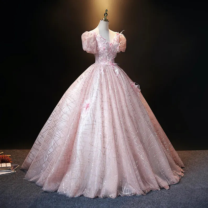 Pink Ball Gown Puff Sleeve Appliques Sequins Tulle Prom Dress SH1665