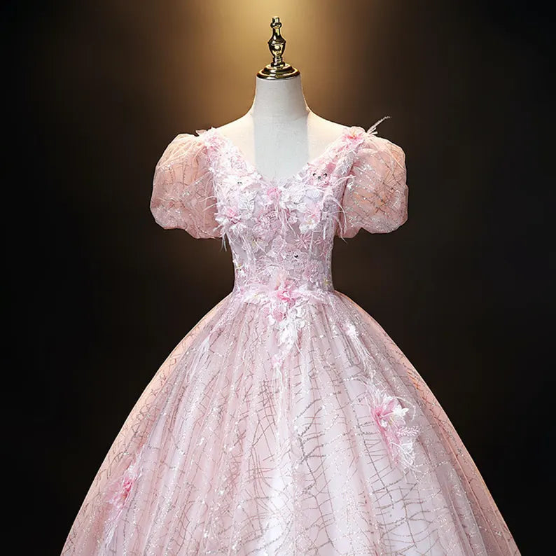 Pink Ball Gown Puff Sleeve Appliques Sequins Tulle Prom Dress SH1665