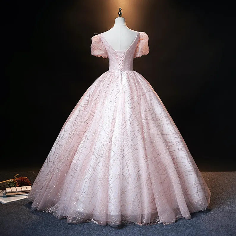 Pink Ball Gown Puff Sleeve Appliques Sequins Tulle Prom Dress SH1665