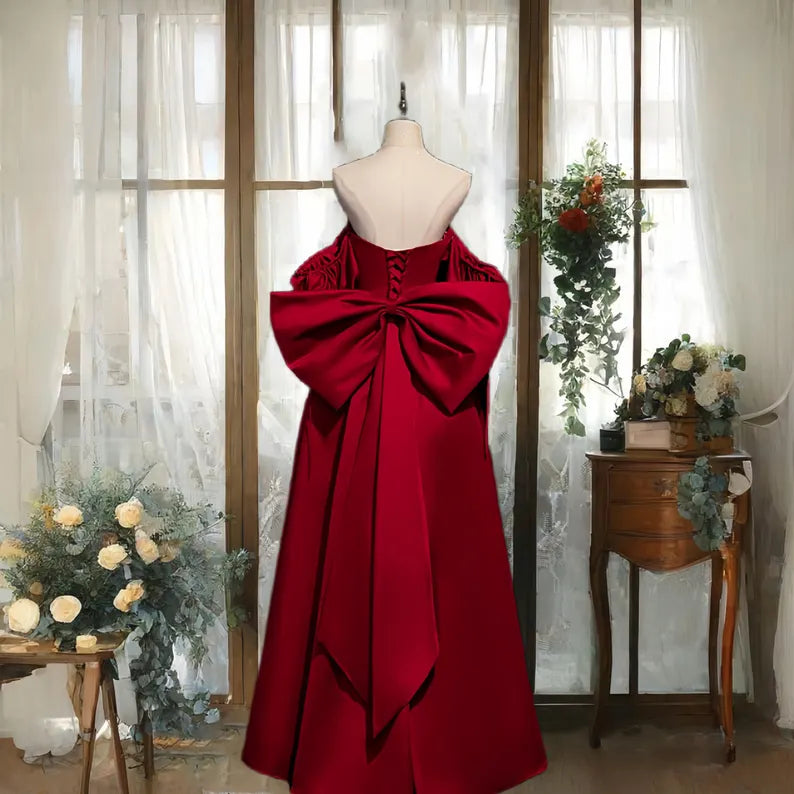 Elegant A Line Off-the-shoulder Bow Red Satin Long Prom Dress SH1652