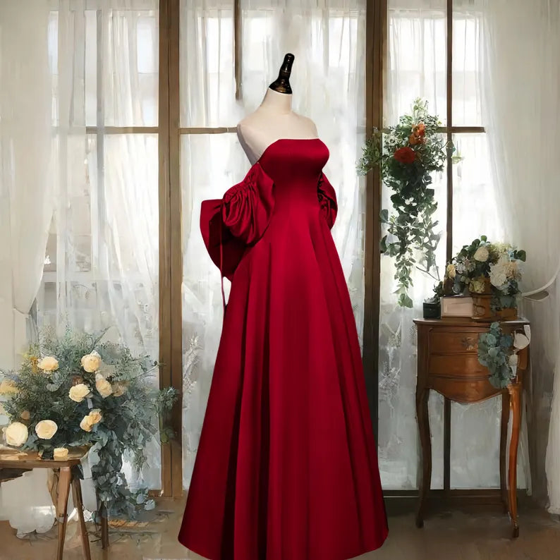 Elegant A Line Off-the-shoulder Bow Red Satin Long Prom Dress SH1652