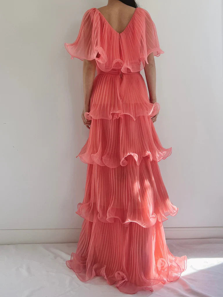 Coral Pink Layered Chiffon A Line V Neck Simple Long Party Dress Evening Dress 18 Birthday Dress SH3627