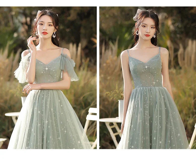Green tulle long A line prom dress bridesmaid dress 8886