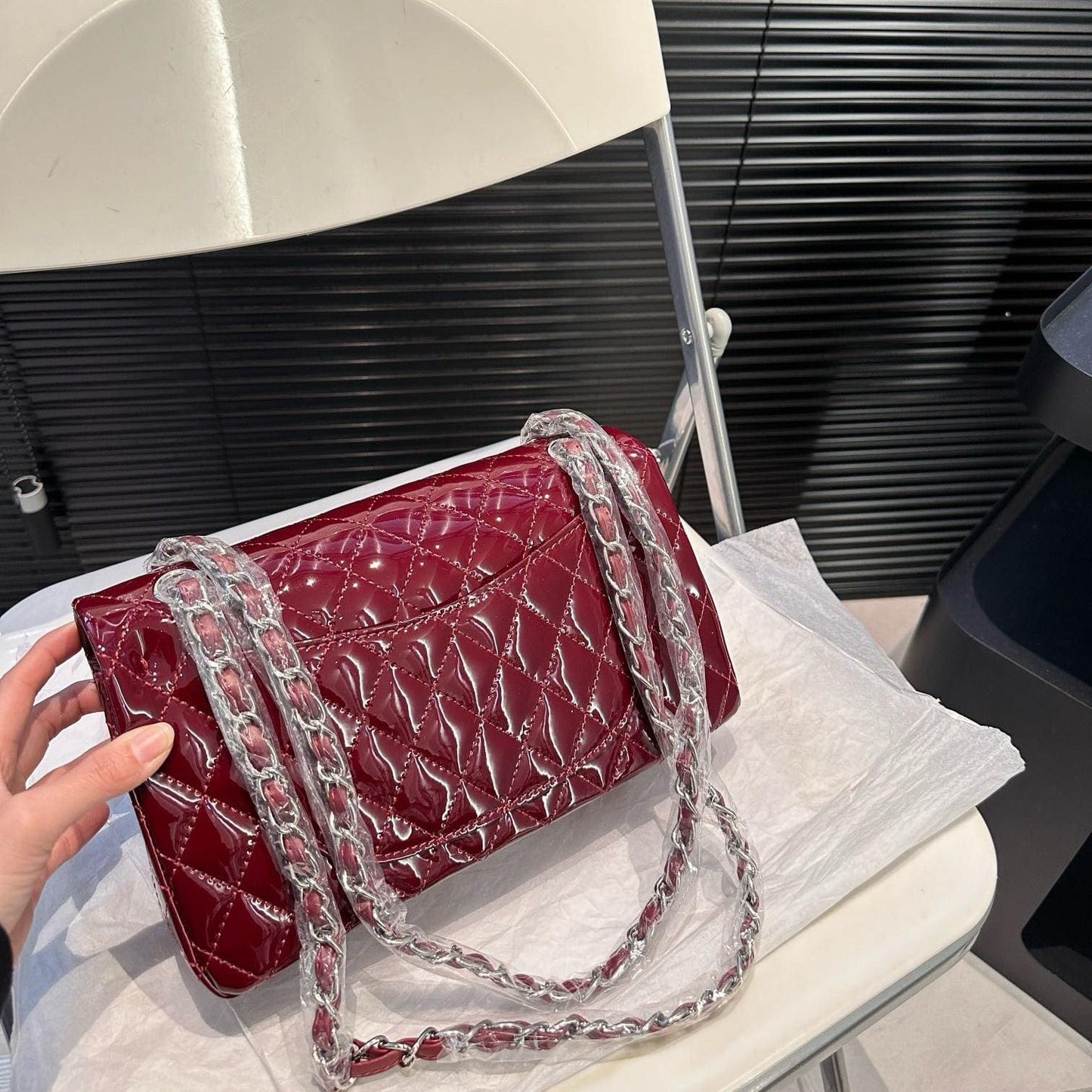 Chanel Classique patent leather red handbag