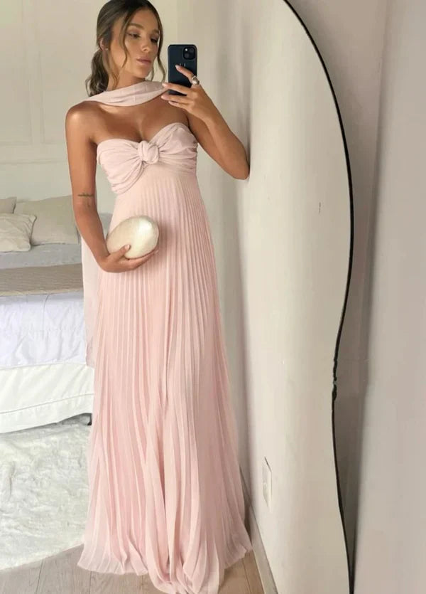 Gentle A Line Strapless Pink Chiffon Long Prom Dress Pleated Formal Party Gown SH2571