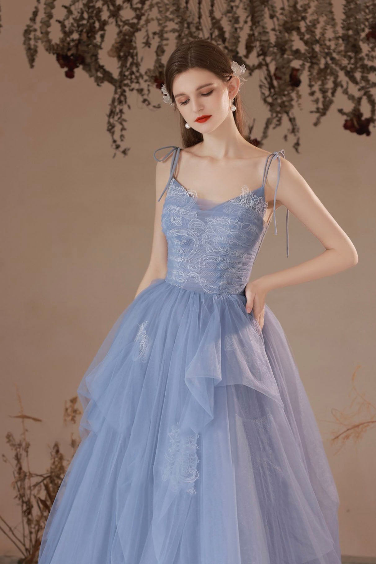 Blue Spaghetti Straps Lace Long Formal Dress, Blue A-Line Evening Party Dress