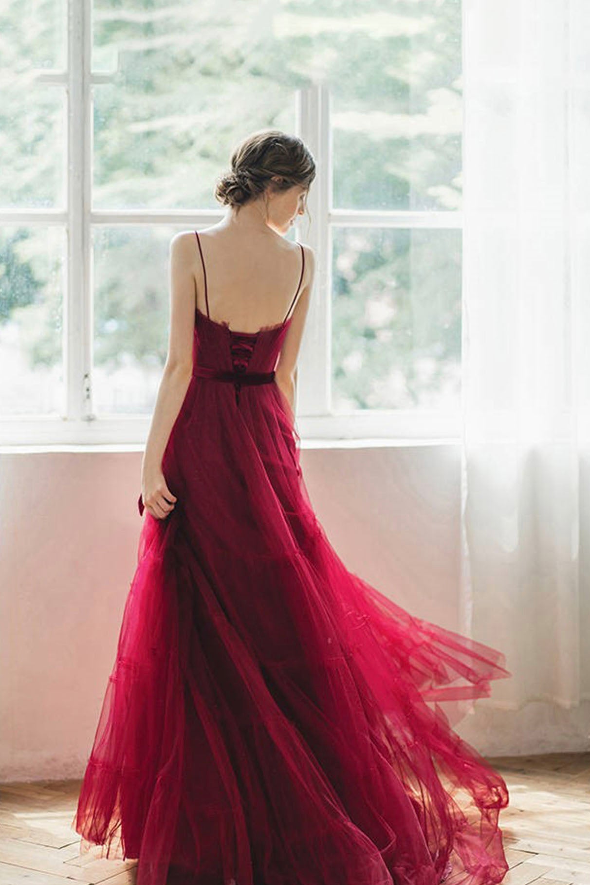 Burgundy Spaghetti Strap Long Formal Dress, A-Line Evening Party Dress