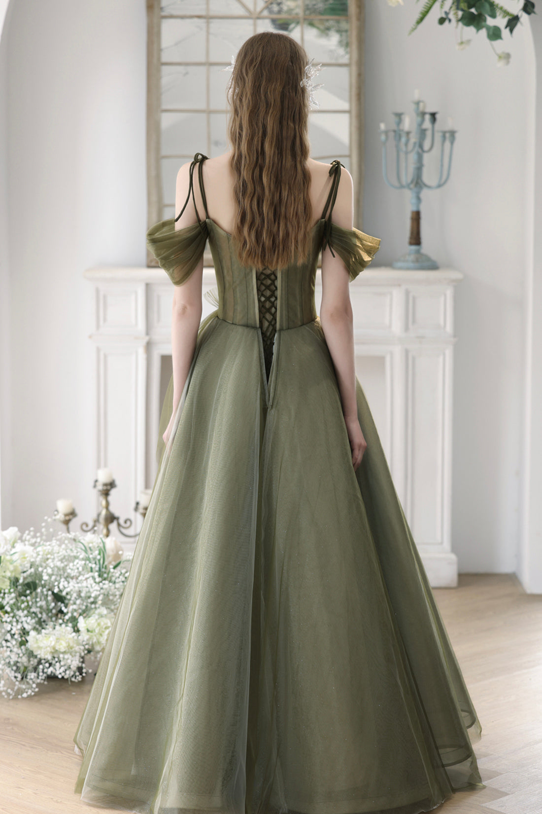 Green Spaghetti Strap Tulle Long Prom Dress, Cute A-Line Evening Dress Party Dress