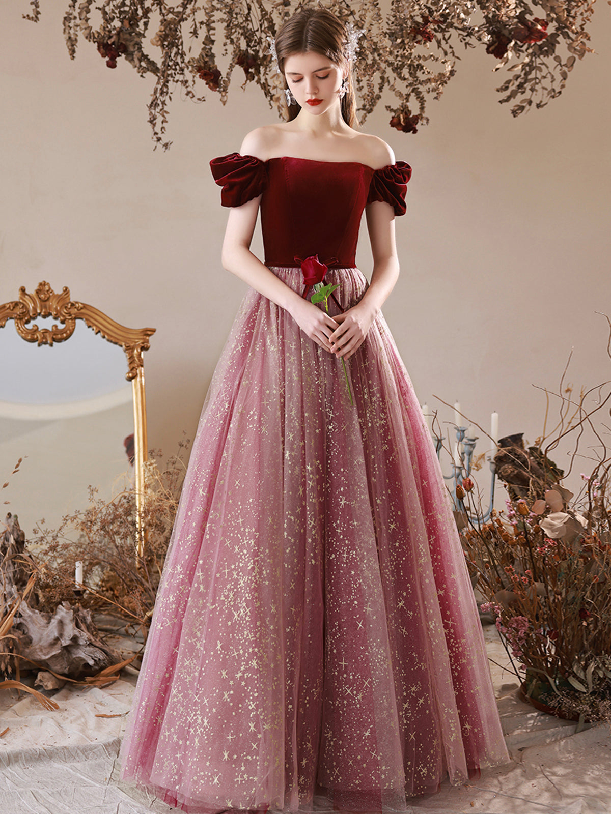 Cute Velvet Tulle Long Prom Dress, A-Line Off the Shoulder Evening Dress