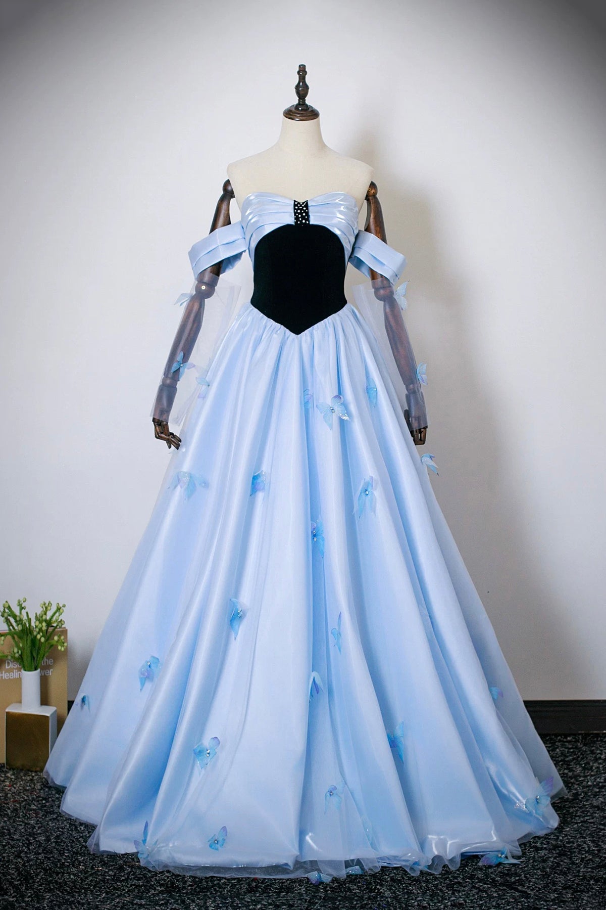 Black Velvet and Blue Satin Long Prom Dress, Beautiful Off the Shoulder Party Dress