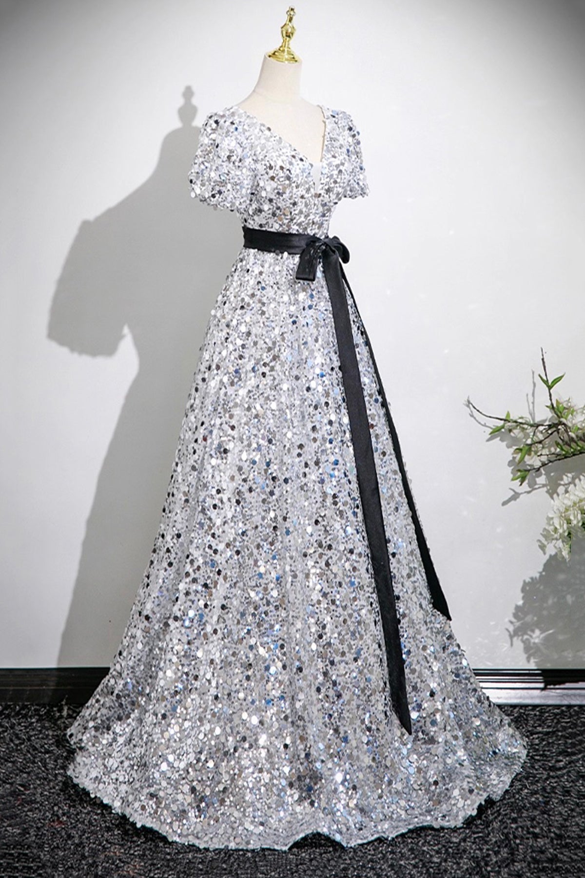Shiny Silver Sequins Long Prom Dress, A-Line V-Neck Evening Dress