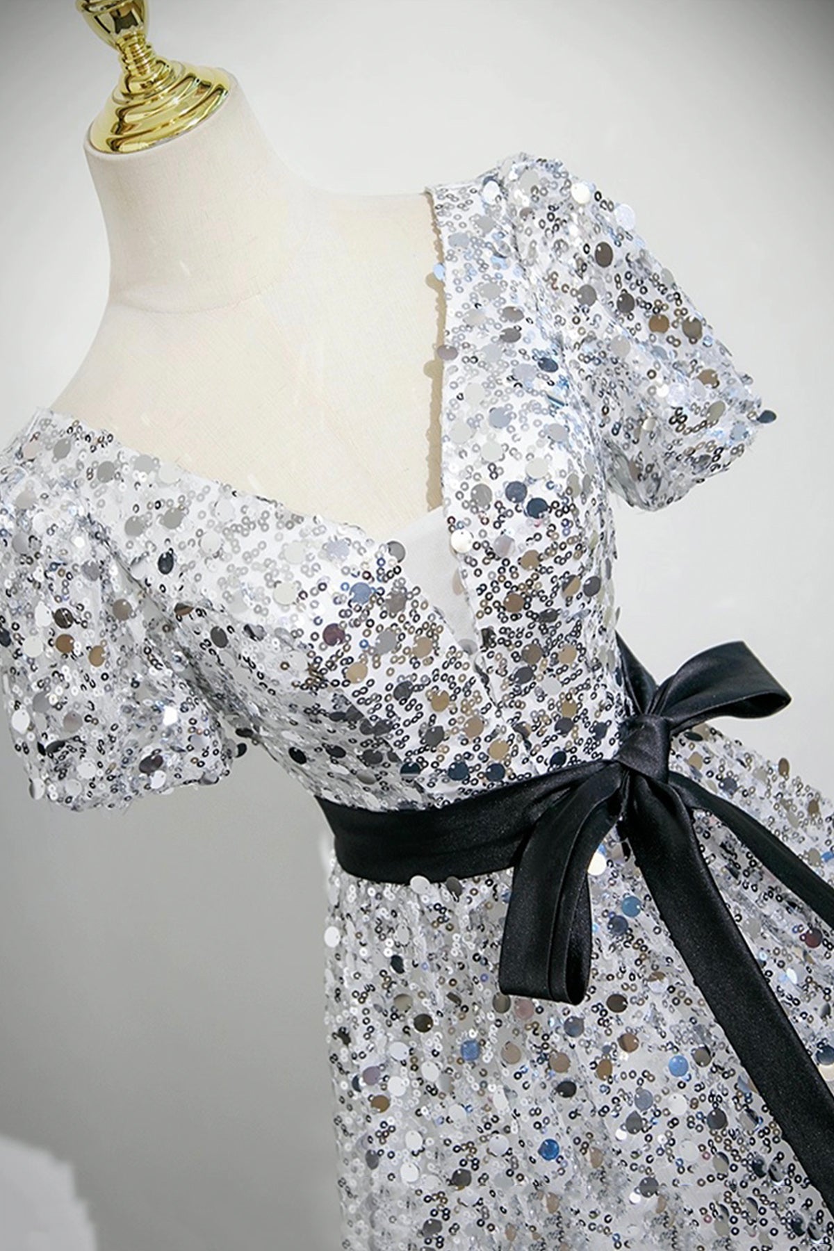 Shiny Silver Sequins Long Prom Dress, A-Line V-Neck Evening Dress