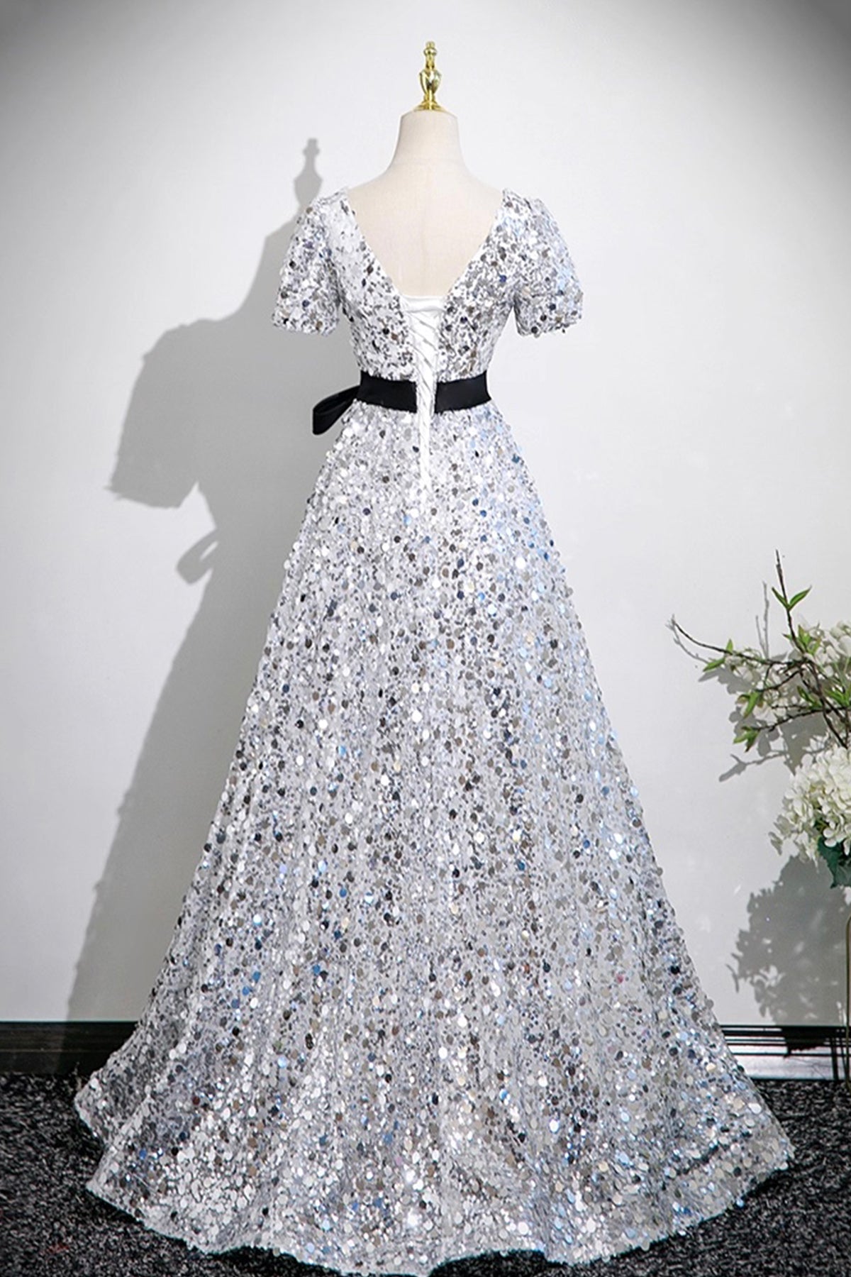 Shiny Silver Sequins Long Prom Dress, A-Line V-Neck Evening Dress