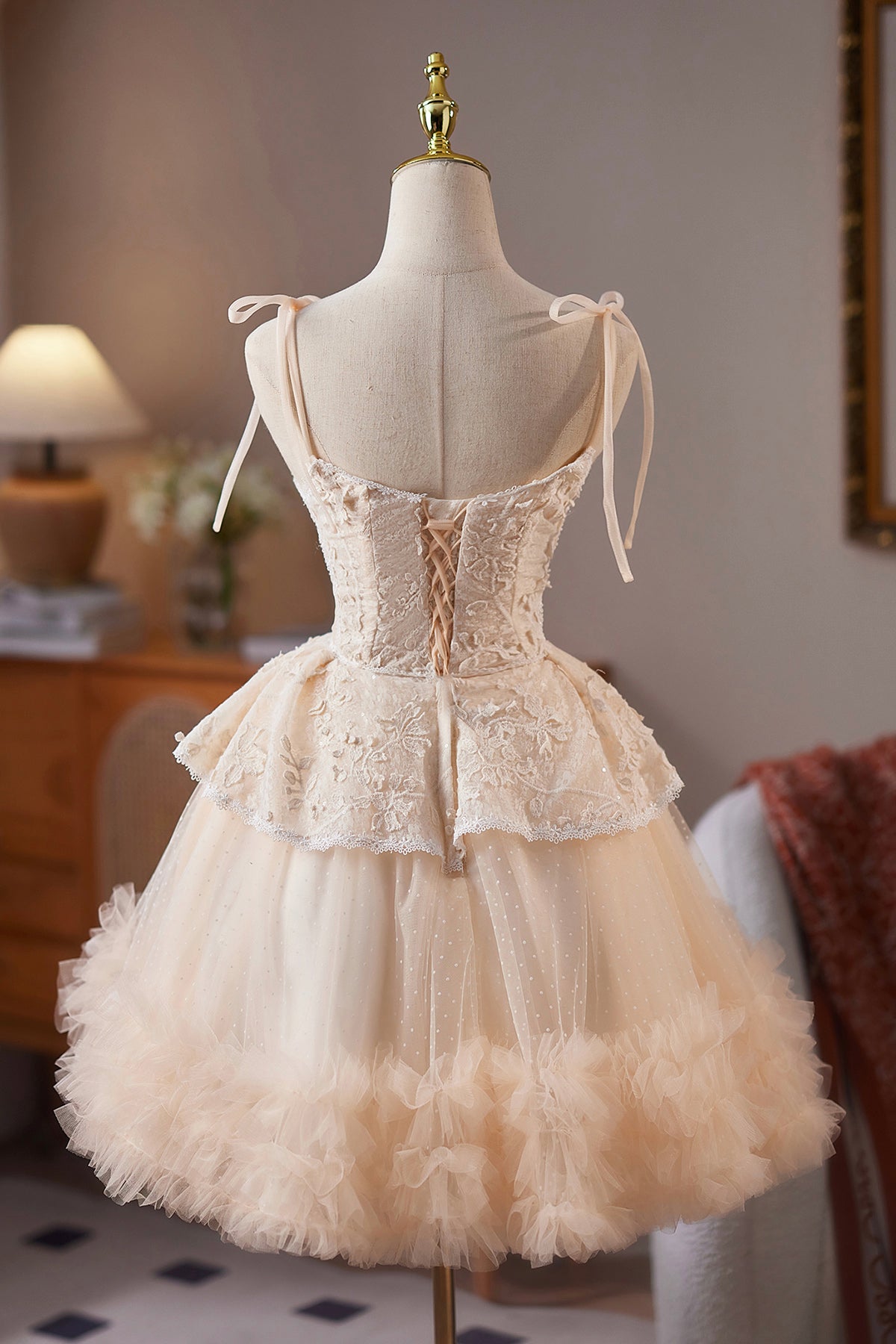 Champagne Tulle Lace Short Prom Dress, A-Line Spaghetti Strap Homecoming Party Dress