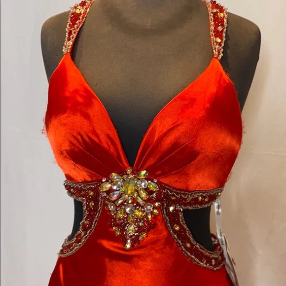 Red gorgeous shiny fashion exquisite beaded backless long elegant satin floor-length train prom dress evening dress gh3545