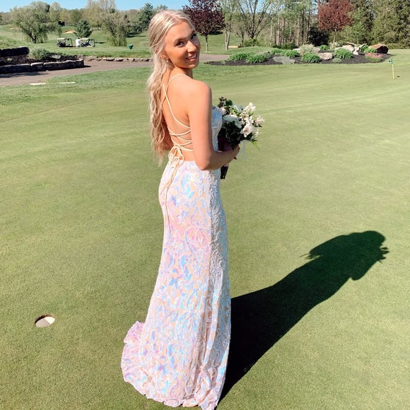 Sheath Spaghetti Strap Open Lace Up Back Sequin Satin Prom Dresses SH1601