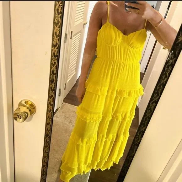 Yellow fashion elegant simple spaghetti strap long chiffon tiered ball gown evening dress party dress gh2788
