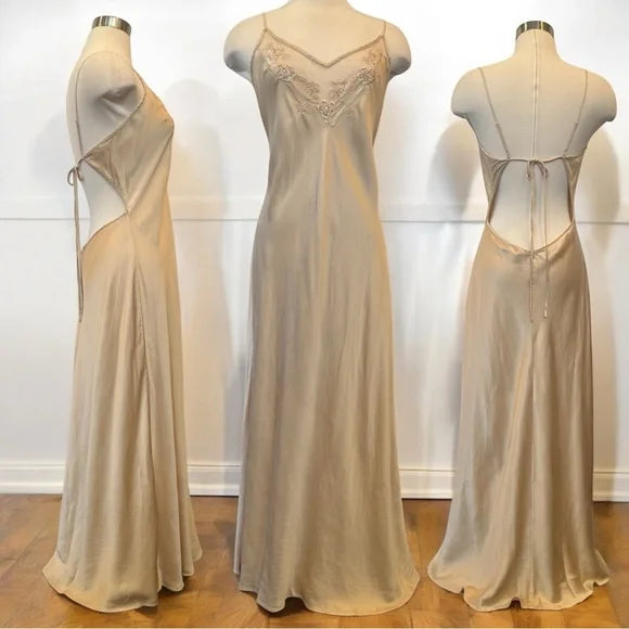 Champagne Victorian Style Exquisite Floral Embroidery Beading Spaghetti Strap Backless Long Satin Ball Gown Evening Dress Party Dress gh3924