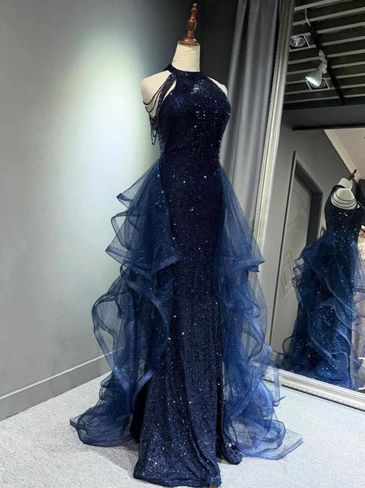 Best Sequin Evening Gowns Formal Weddings Navy Blue Prom Dresses