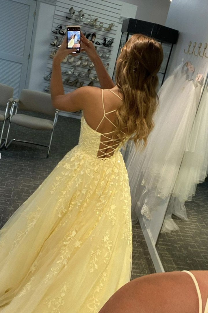 Yellow lace long A line prom dress lace evening dress nv05
