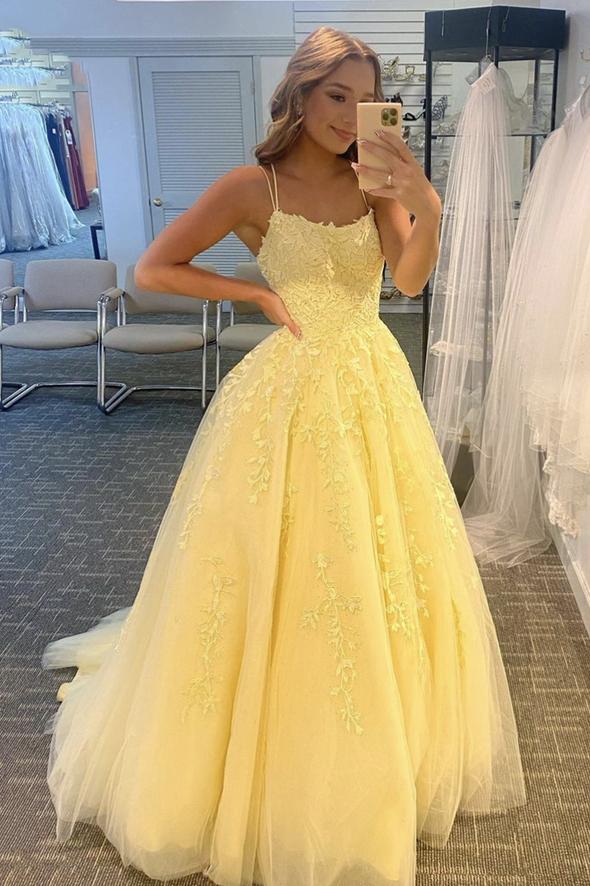 Yellow lace long A line prom dress lace evening dress nv05