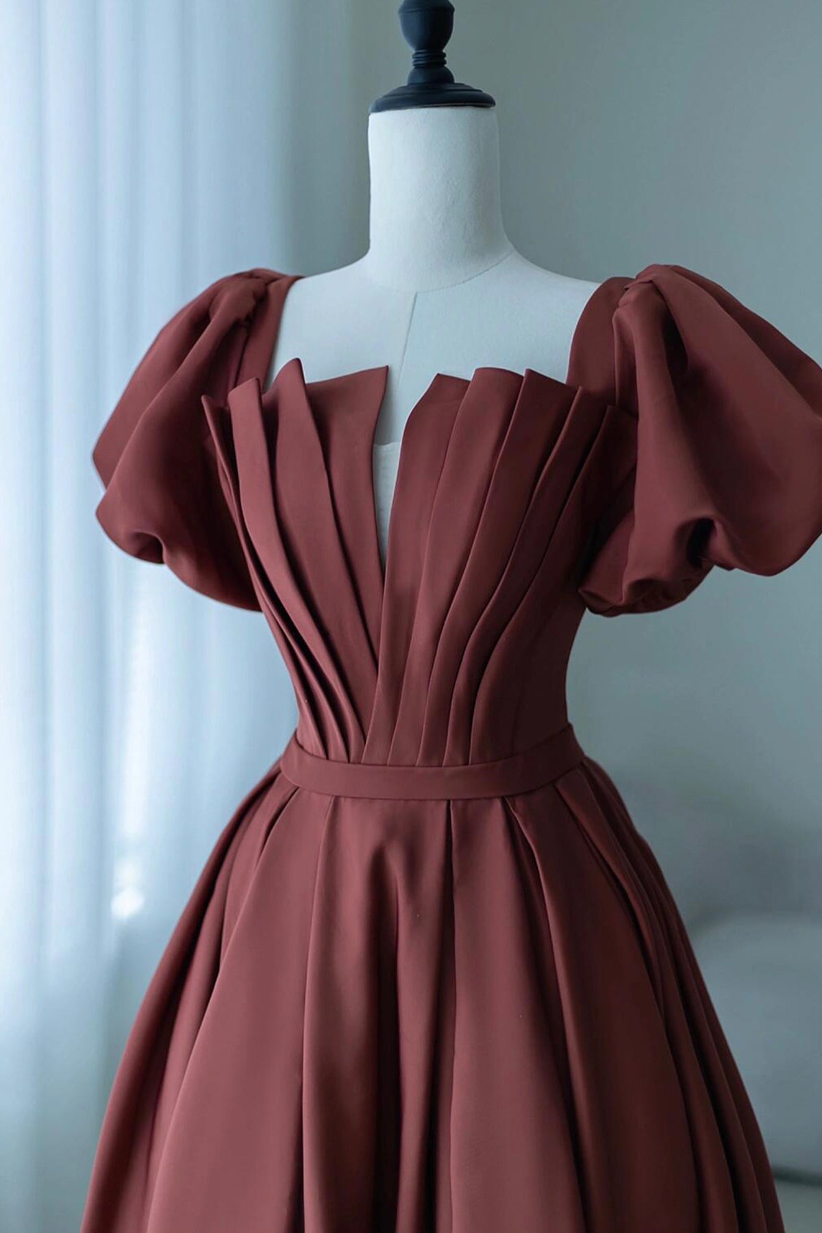 A-Line Satin Long Prom Dress, Elegant Short Sleeve Evening Party Dress