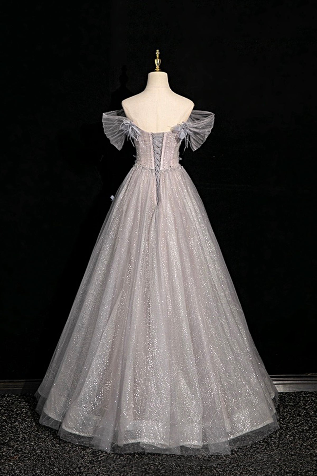 Gray Flower Tulle Long Prom Dress, A-Line Off the Shoulder Party Dress
