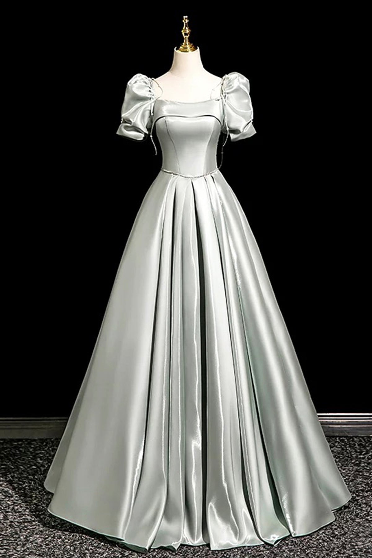 Gray Green Satin Long Prom Dress, Beautiful A-Line Short Sleeve Party Dress