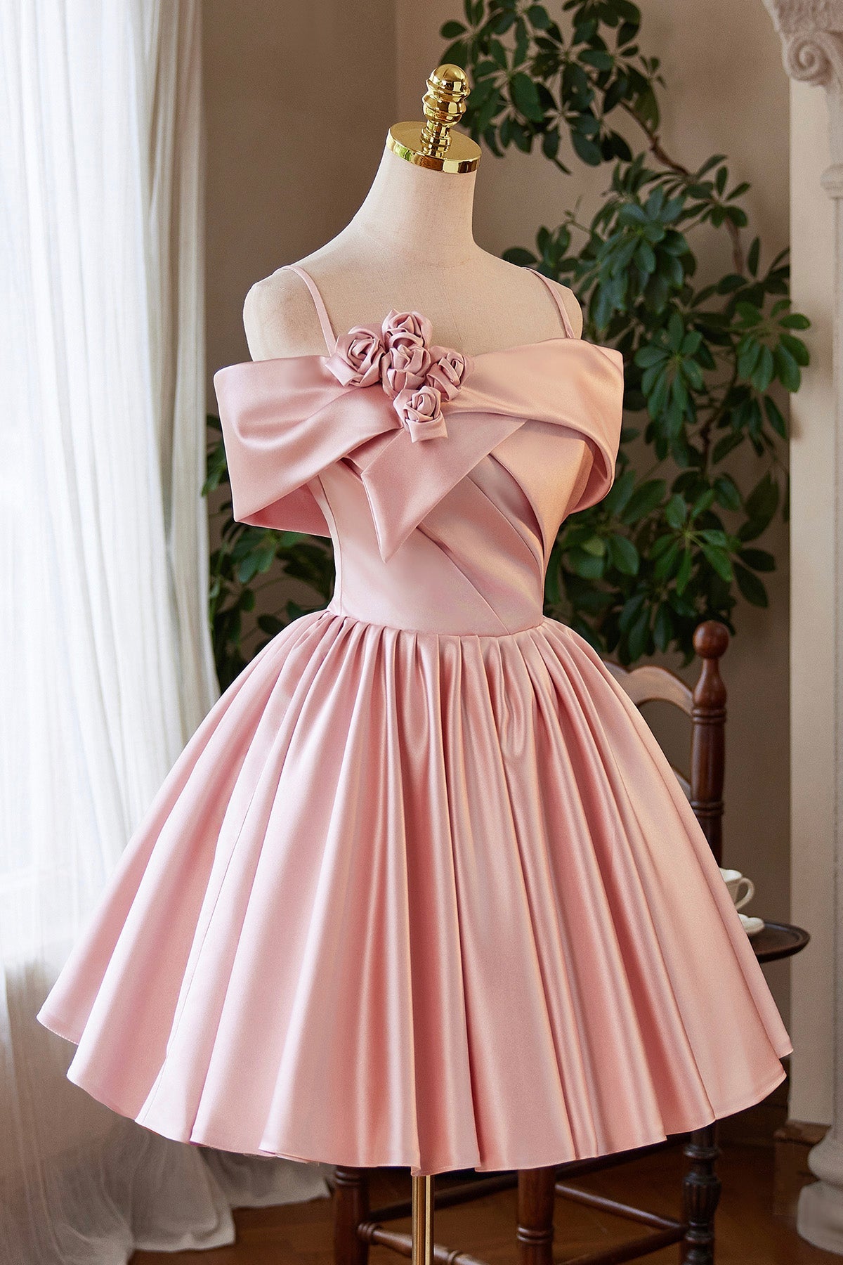 Pink Satin Long Prom Dress, Pink Off the Shoulder Homecoming Party Dress