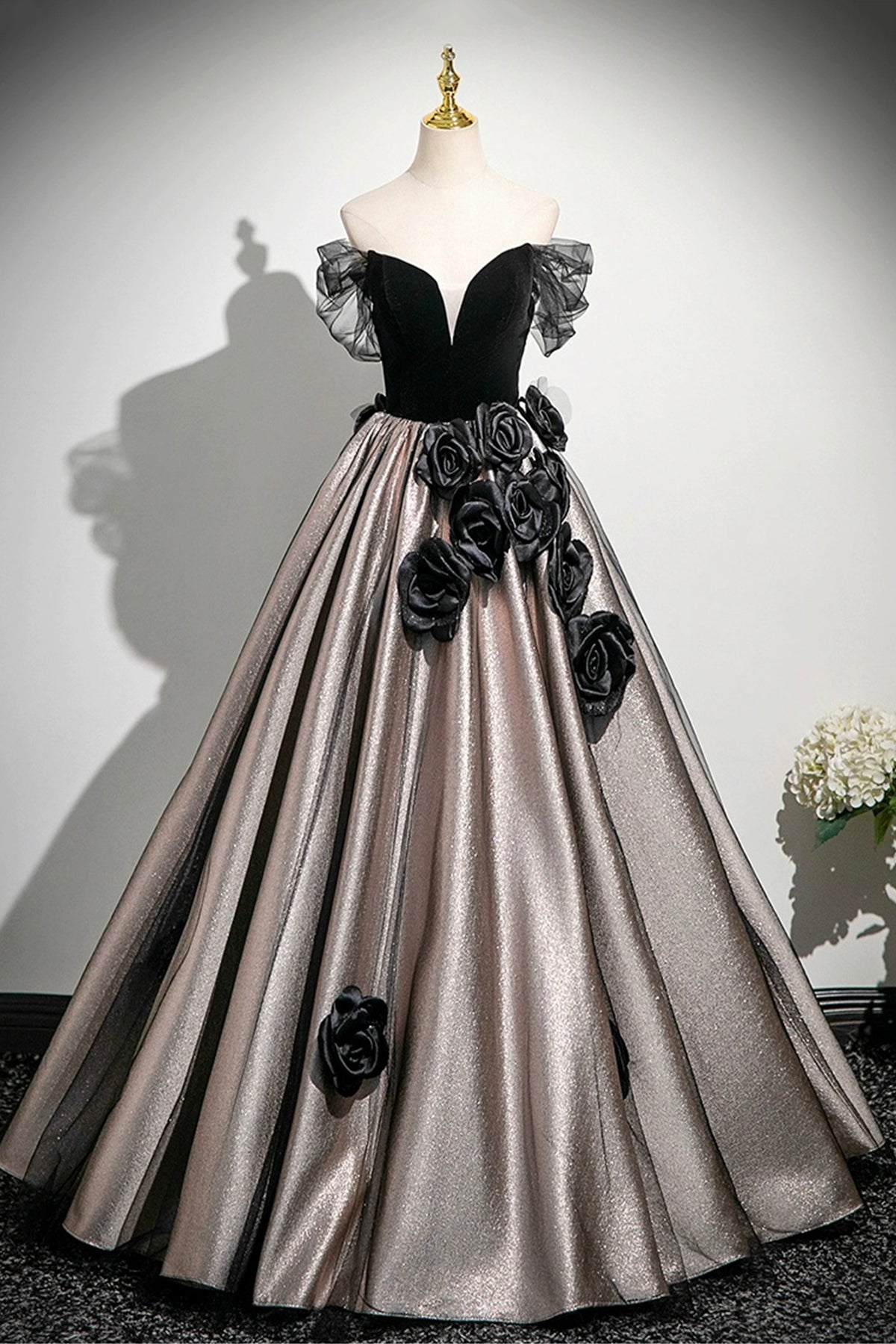 Black Velvet and Tulle Long Prom Dress, Black A-Line Party Dress