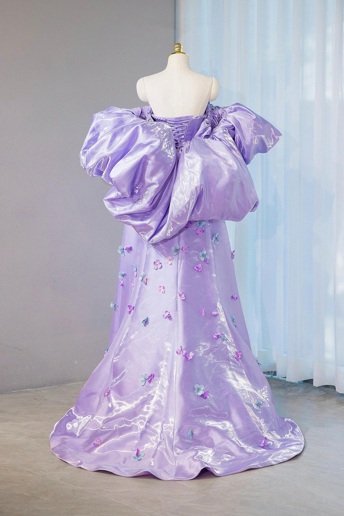 Purple Satin Long Formal Evening Dress, A-Line Puff Sleeve Party Dress with Flowers