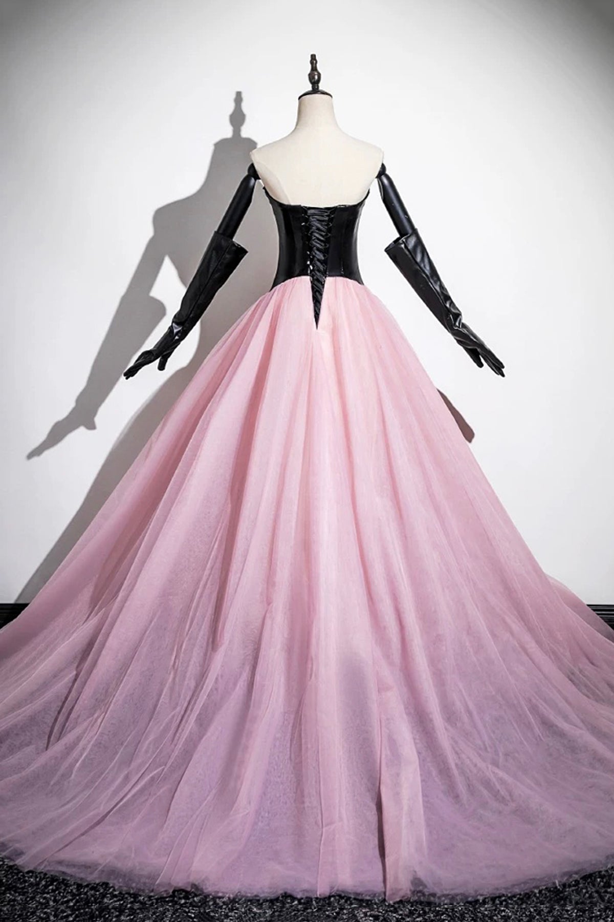 Black and Pink Tulle Long Prom Dress, A-Line Strapless Evening Dress with Corset