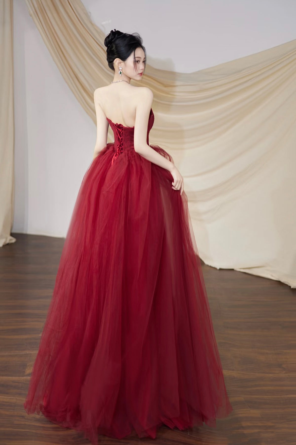 Burgundy Tulle Long Prom Dress, Burgundy Off the Shoulder Party Dress