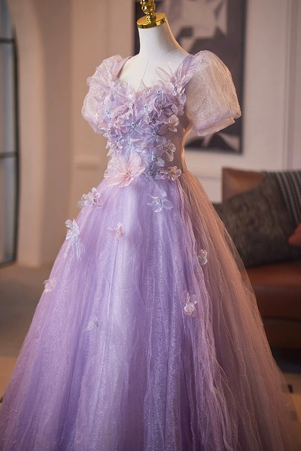 Light Purple Tulle Flower Long Prom Party Dress, Lovely A-Line Short Sleeve Party Dress