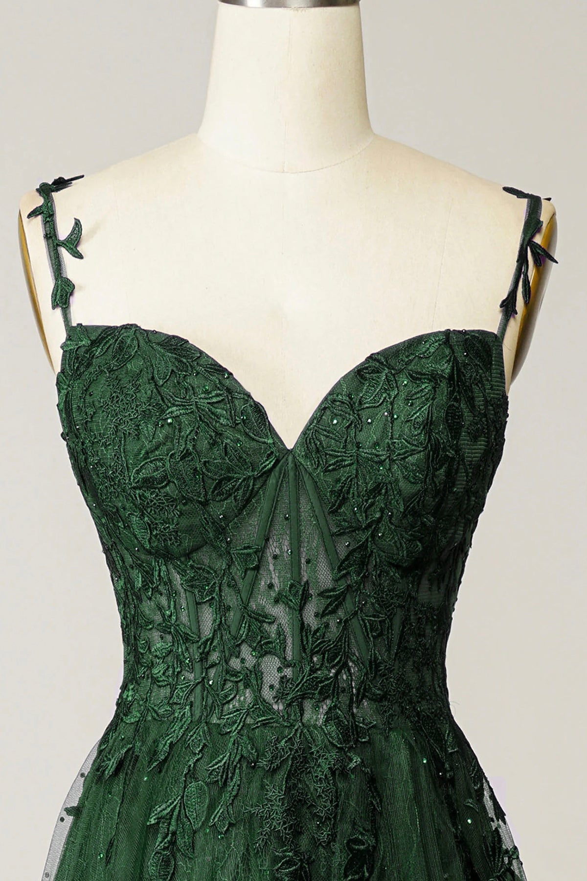 Green Tulle Lace Long Prom Dress, Beautiful Spaghetti Straps Formal Dress