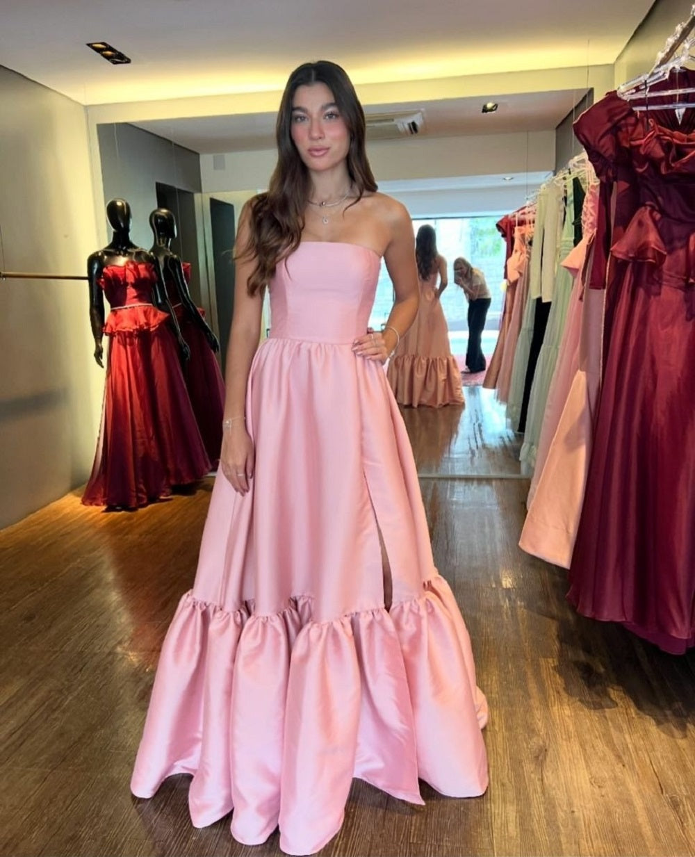 Elegant Pink Satin Strapless Evening Dress Women A-Line Prom Dress Simple Formal Occasion Gown