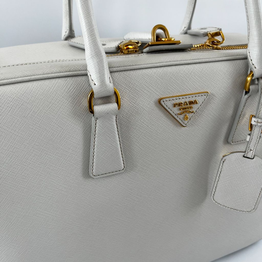 Prada Beige Leather Weekender Top Handle Bag