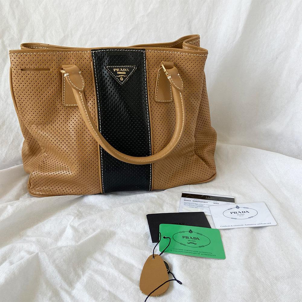 Prada Brown and Black Leather Perforated Saffiano Bag