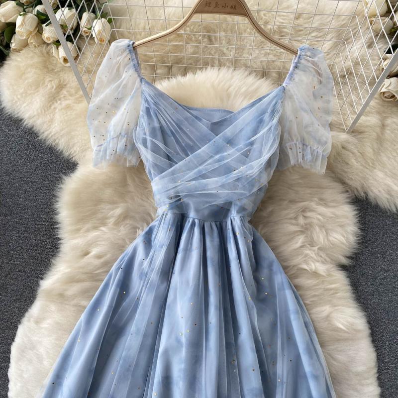 Blue tulle short A line dress fashion dress 390