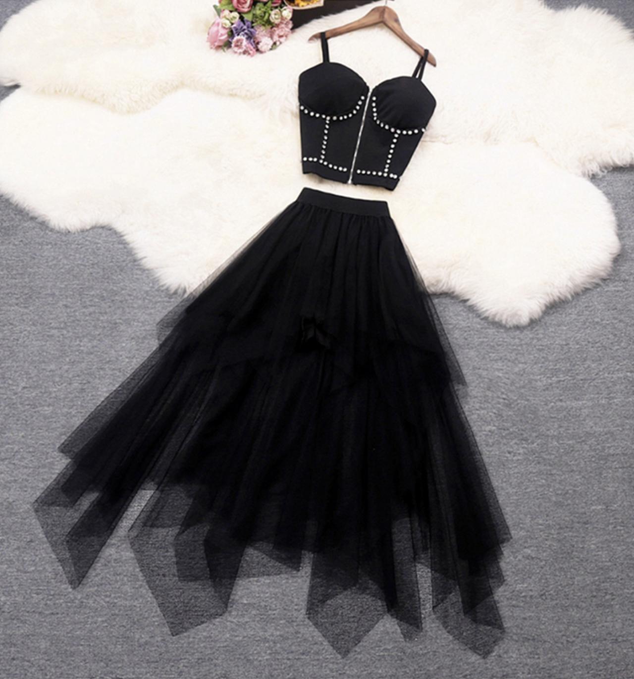 Black A line tulle two pieces dress fashion dress 680