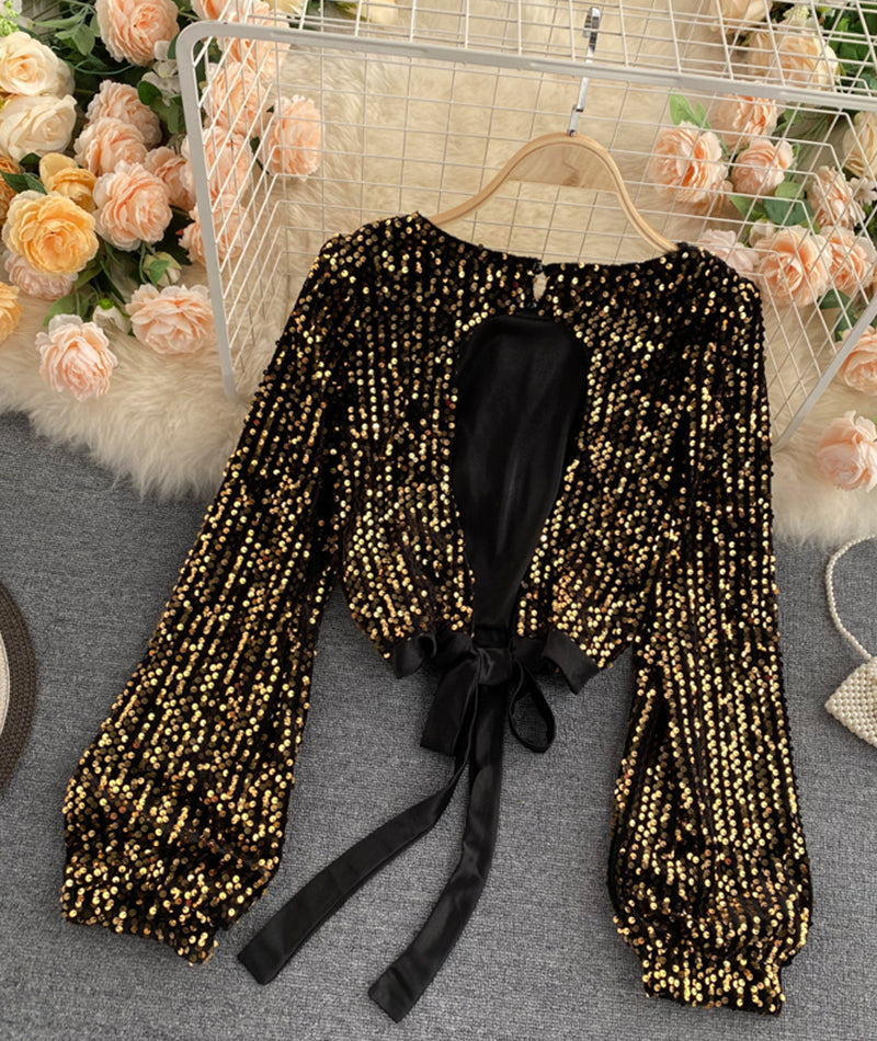 Shiny long sleeve sequins tops open back tops 368