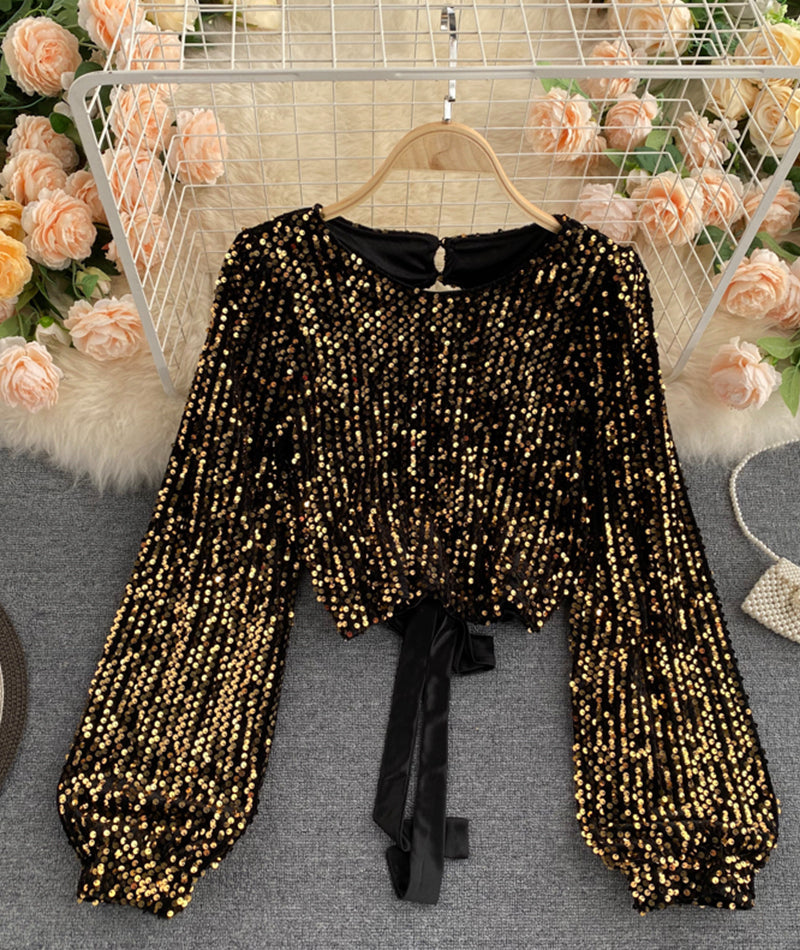 Shiny long sleeve sequins tops open back tops 368