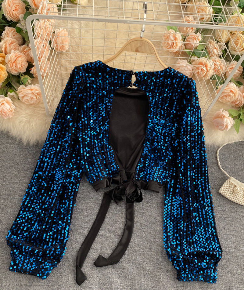 Shiny long sleeve sequins tops open back tops 368