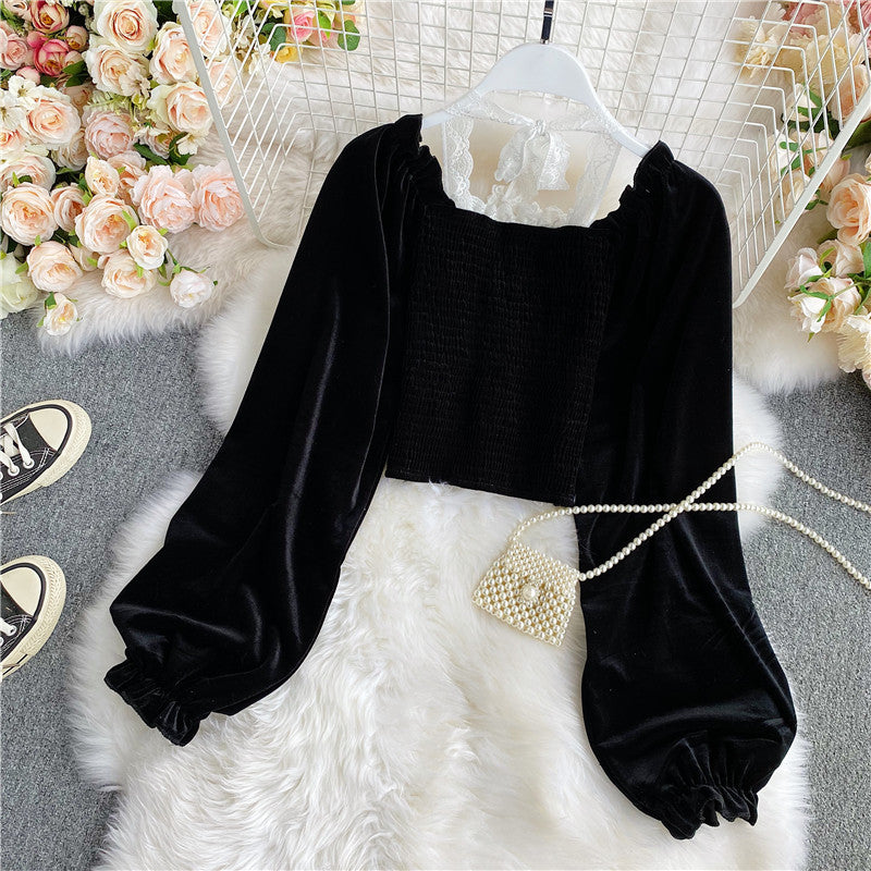 Black velvet long sleeve tops 319