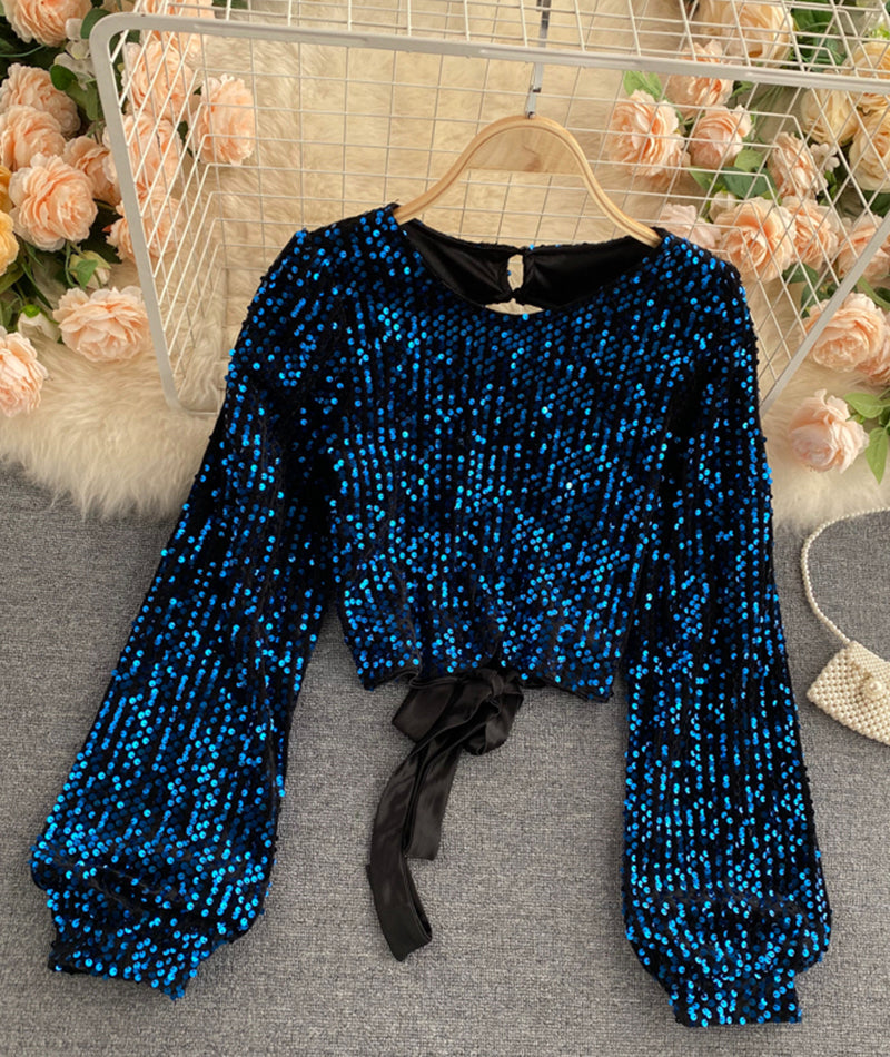 Shiny long sleeve sequins tops open back tops 368