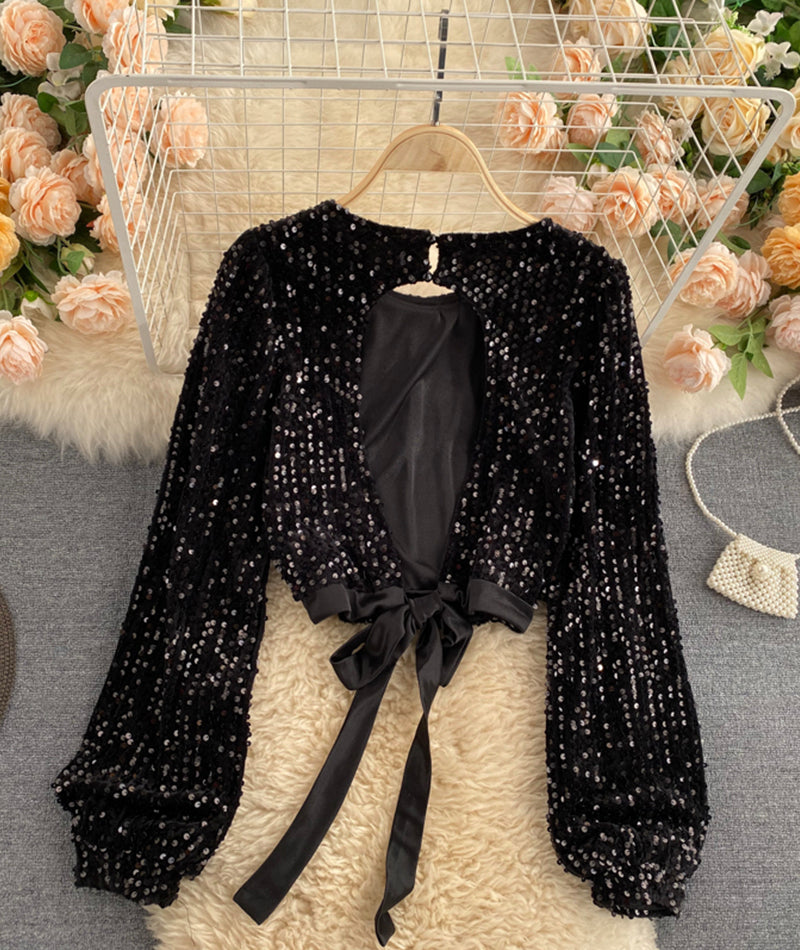 Shiny long sleeve sequins tops open back tops 368