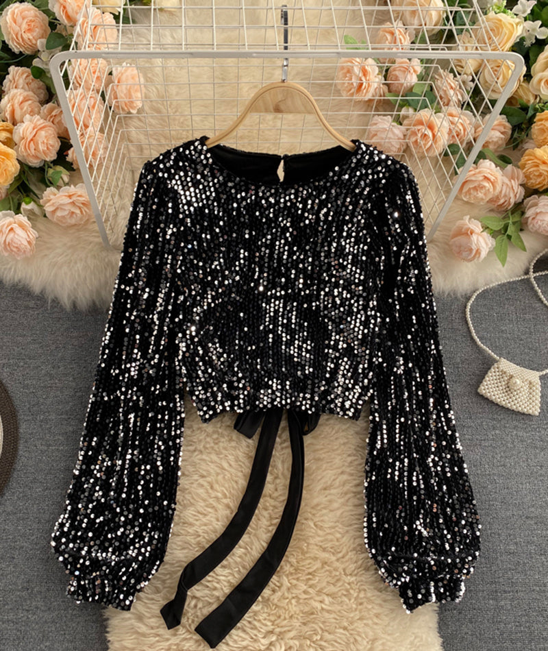 Shiny long sleeve sequins tops open back tops 368