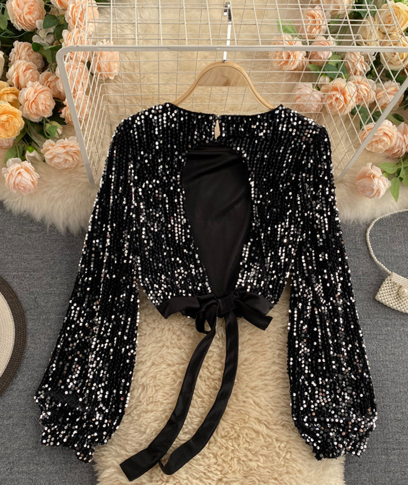 Shiny long sleeve sequins tops open back tops 368